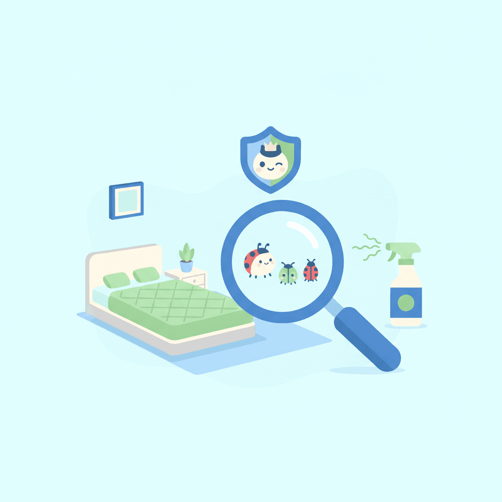 Illustration of a vacation home with a magnifying glass detecting insects and pest prevention symbols