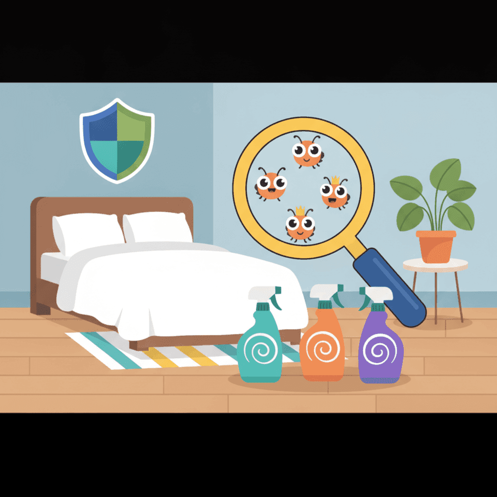 Flat illustration of a tourist accommodation with a magnifying glass showing small insects and symbols of prevention and cleaning