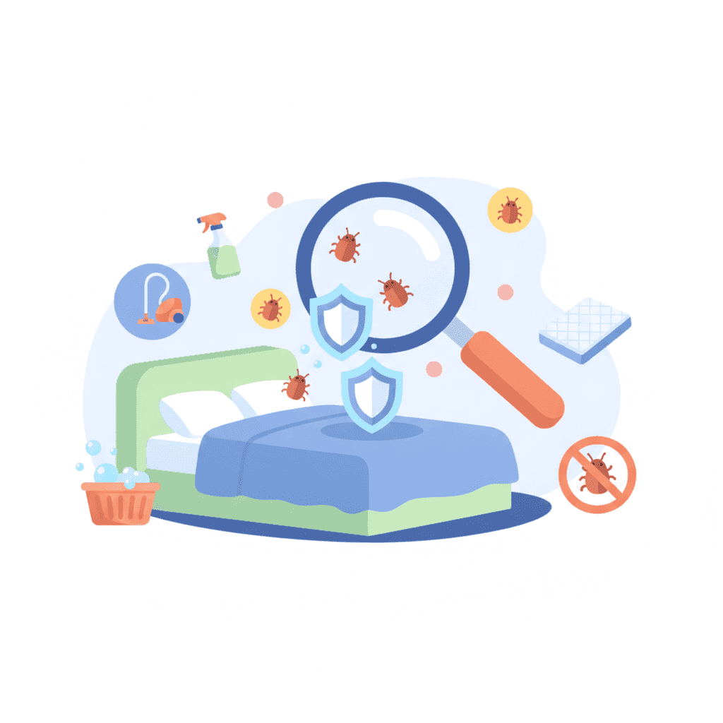 Illustration of a vacation home with a magnifying glass inspecting a mattress and pest prevention symbols