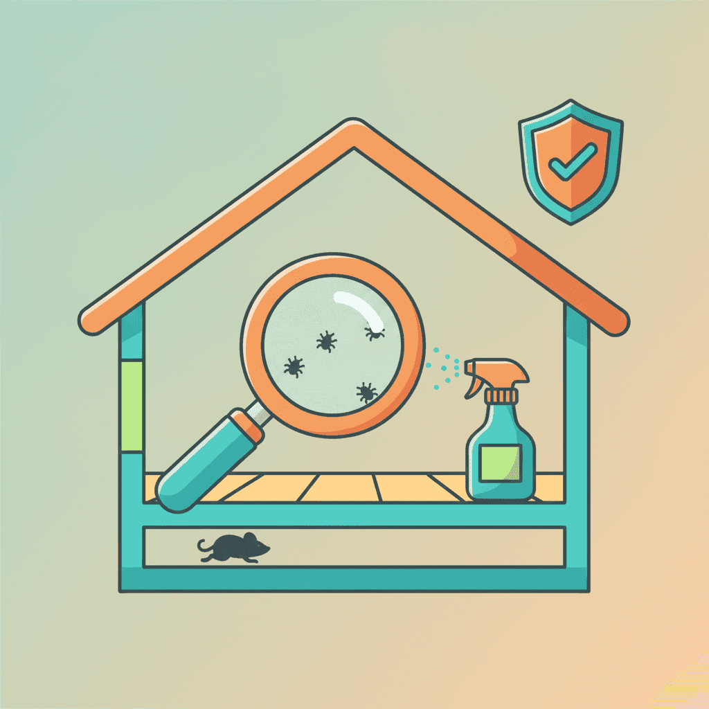 Ilustración de vivienda turística con lupa detectando insectos y elementos de prevención de plagas