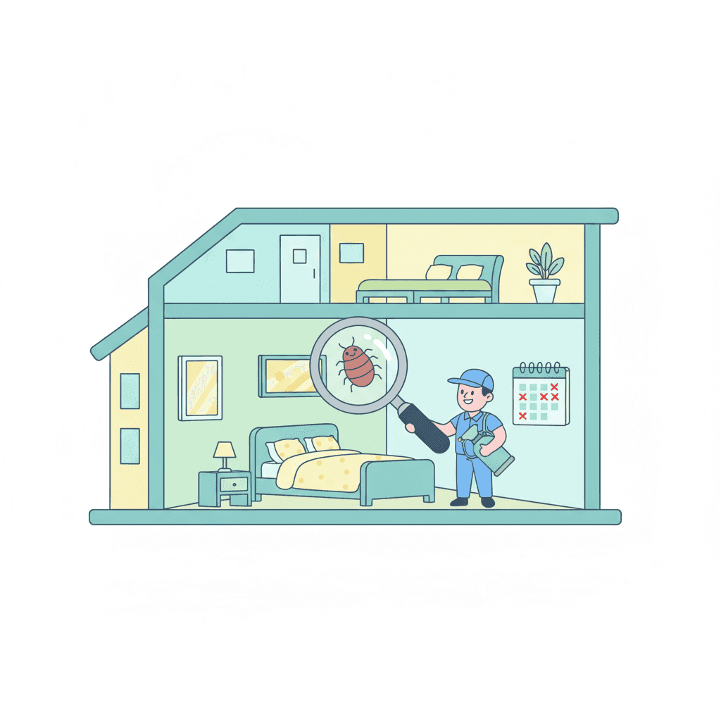 Ilustración de una vivienda turística con lupa enfocando una chinche, un técnico con pulverizador y un calendario marcando días bloqueados