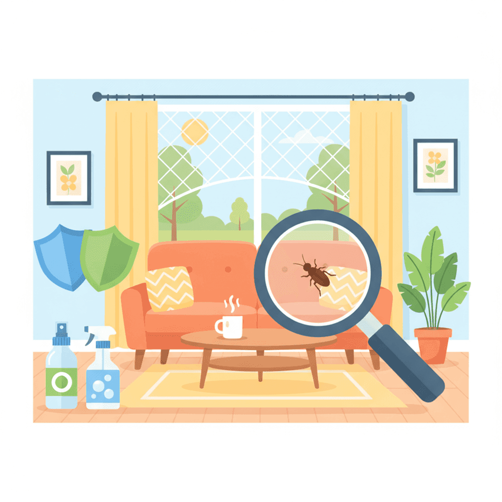 Flat illustration of a vacation home with a magnifying glass detecting insects and pest prevention symbols
