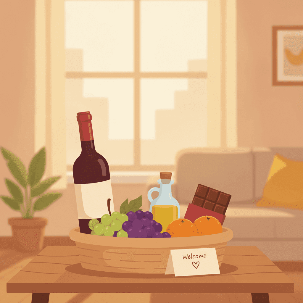 Ilustración de una mesa de vivienda turística con botella de vino, cesta con productos locales, chocolate y nota de bienvenida