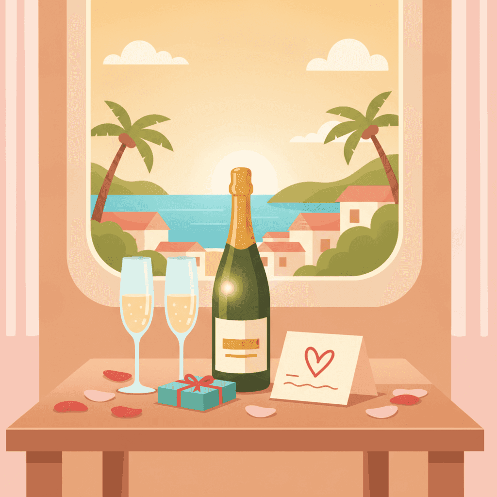 Illustration of a table with a bottle of cava, chocolates, and a handwritten note in a vacation rental