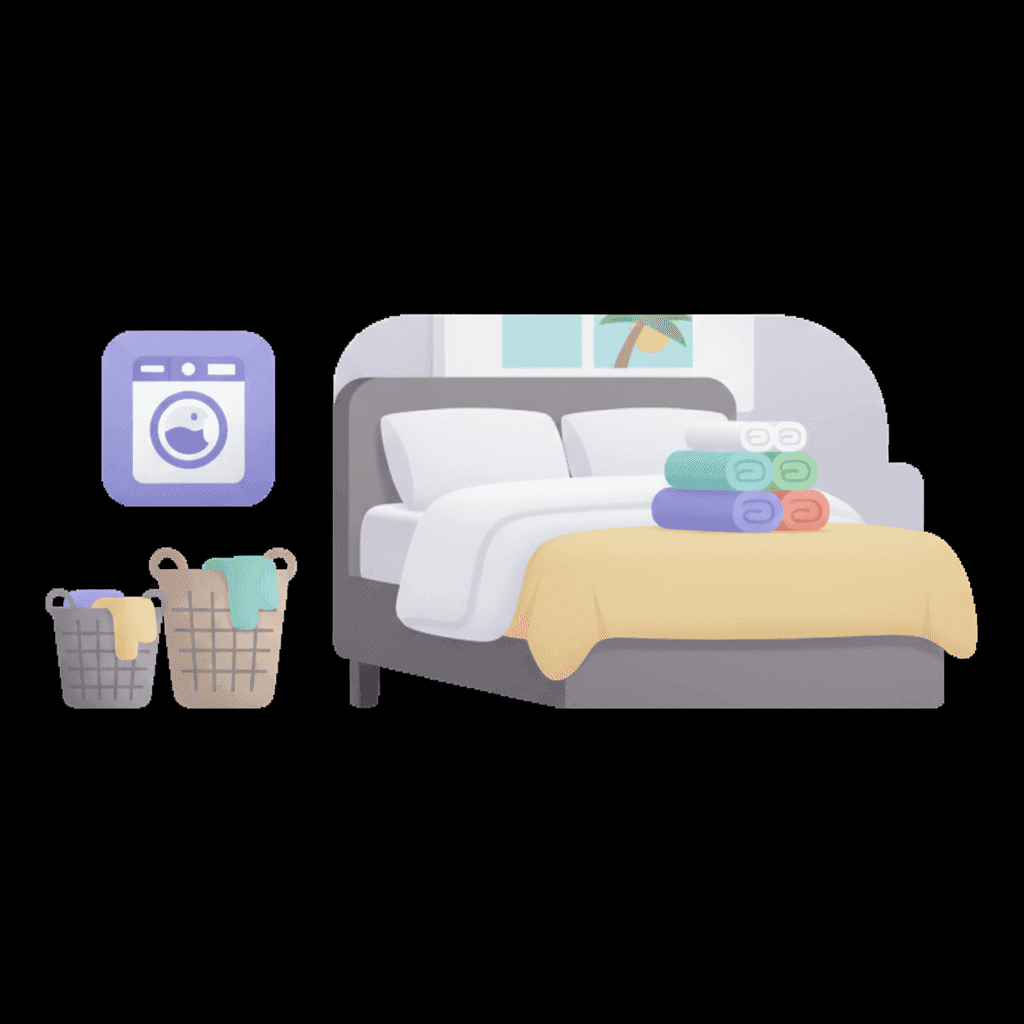 Ilustración de una cama de vivienda turística con sábanas blancas, toallas dobladas y elementos de lavandería