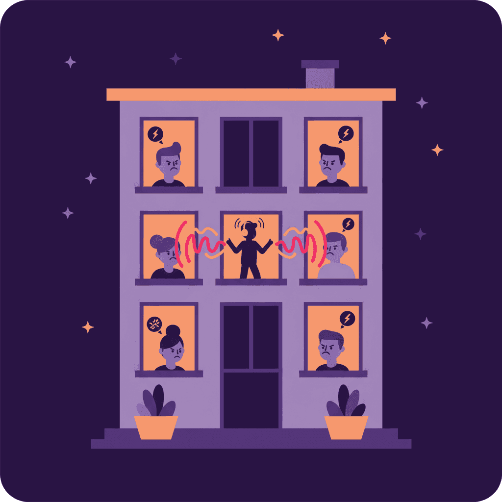 Ilustración de una vivienda turística con ondas de sonido saliendo por las ventanas y vecinos molestos