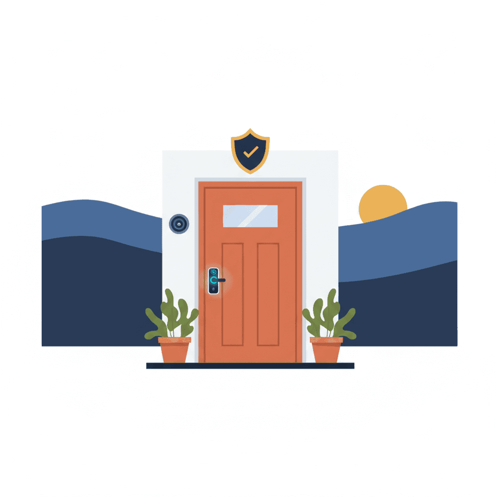 Puerta de alquiler vacacional con cerradura inteligente y cámara de seguridad exterior con icono de escudo