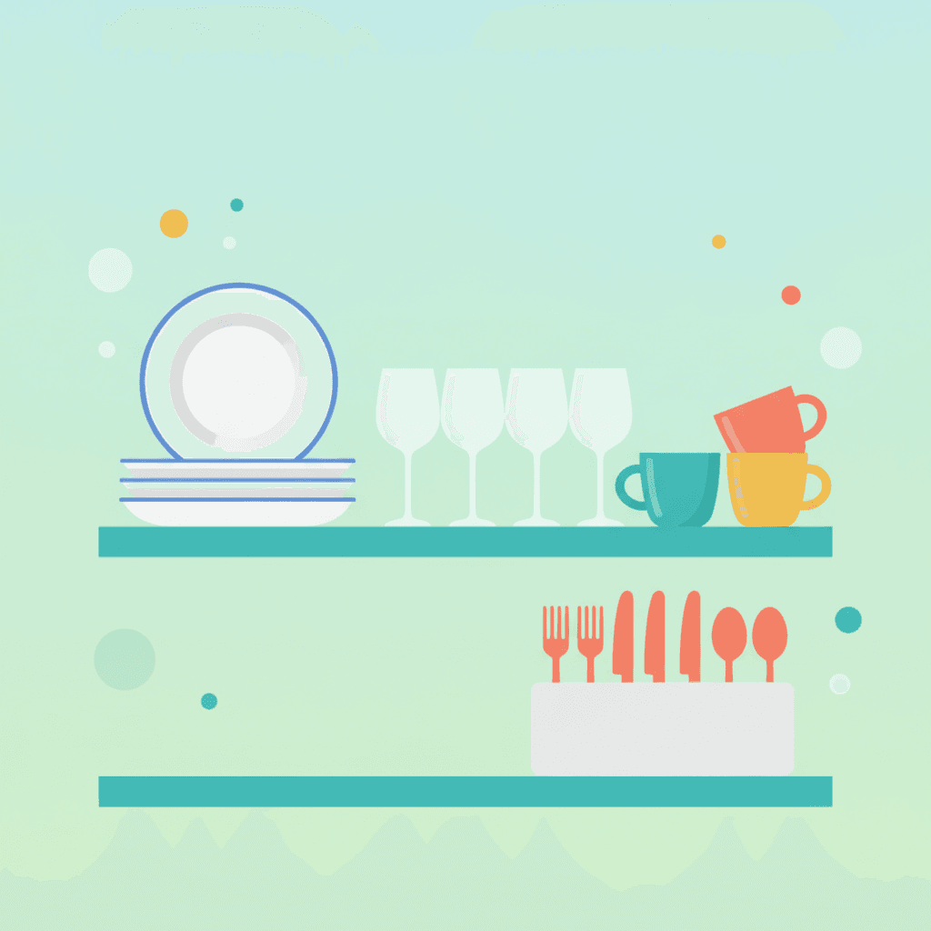 Ilustración plana de una vajilla organizada con platos, copas y tazas en una cocina de vivienda turística