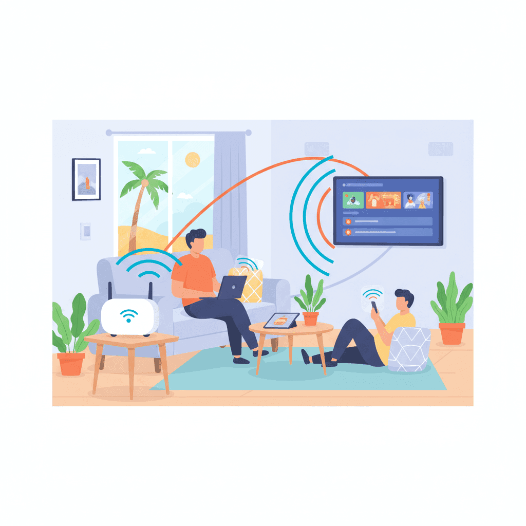Ilustración plana de un router WiFi en una vivienda turística con varios dispositivos conectados