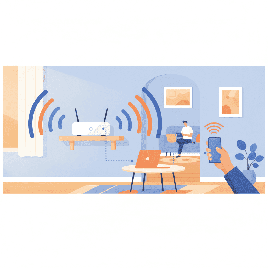 Ilustración de un router WiFi en un salón de vivienda turística con señal cubriendo varias habitaciones